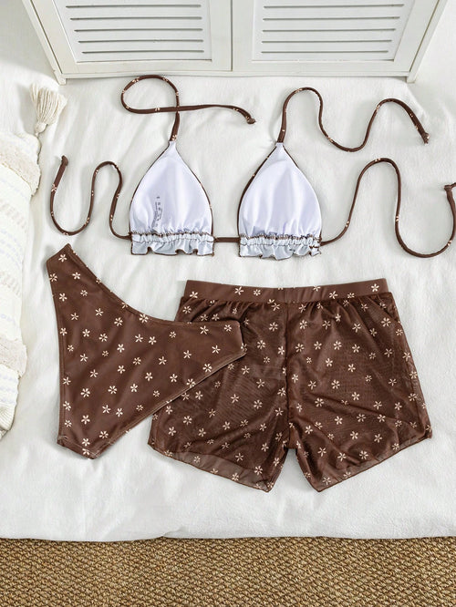2026 Women's 3-Piece Floral Bikini Set - Triangle Top With Ruffle Hem
