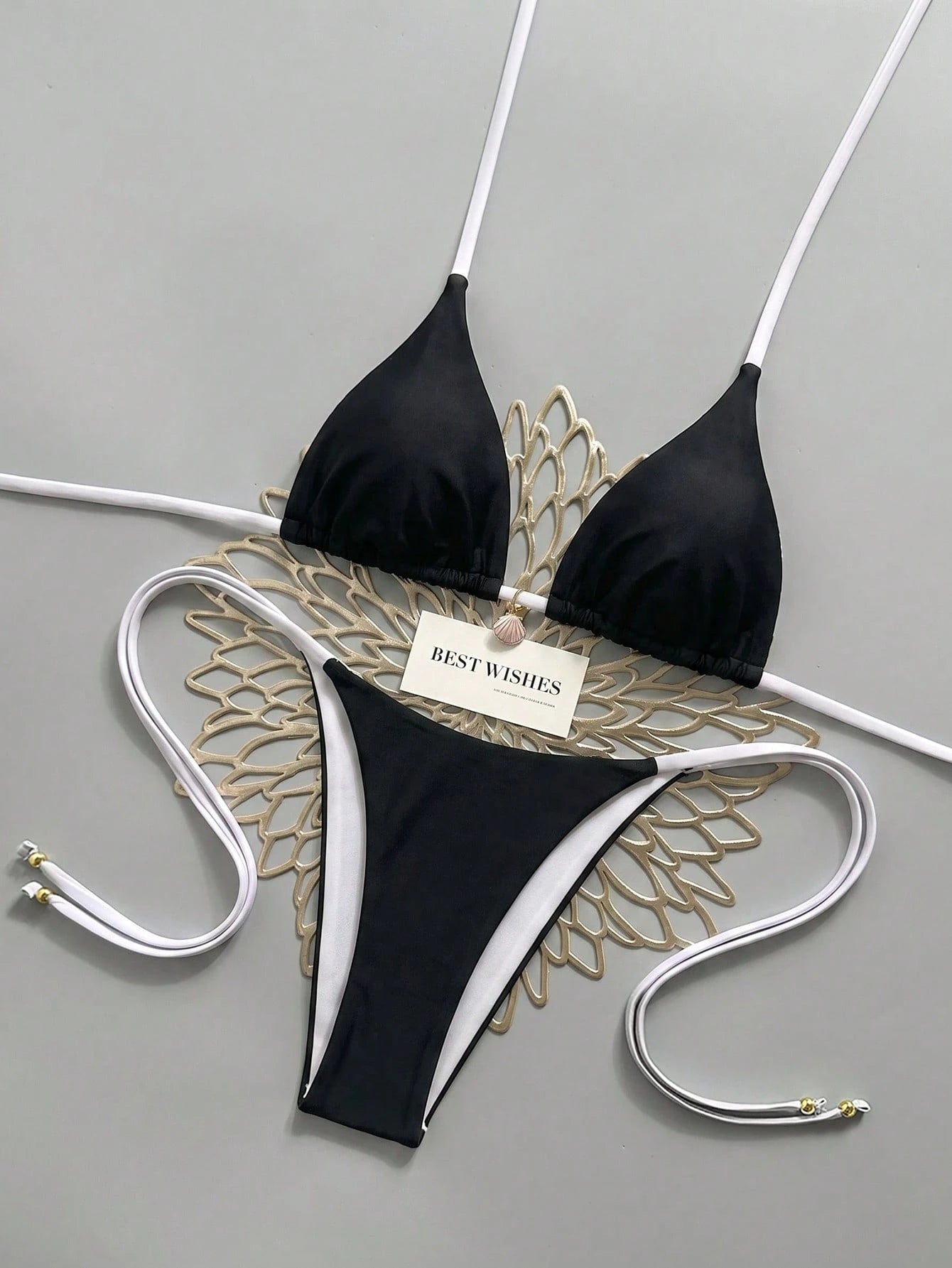Swim Mod 2026 Spring/Summer Metallic Spaghetti Strap Halter Tie Side