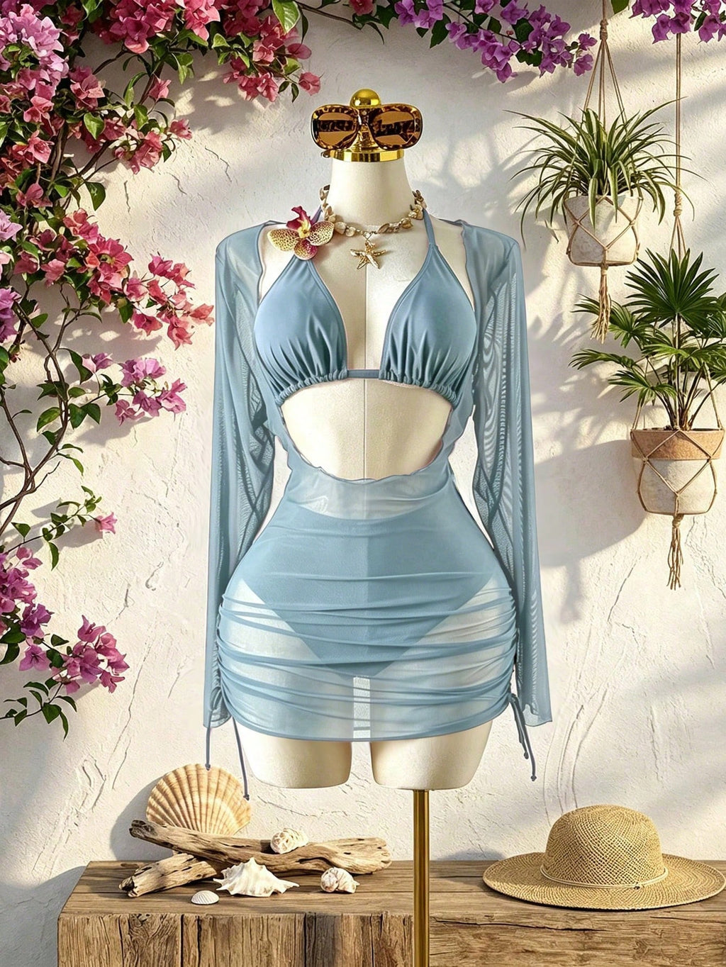 Swim SXY Plus Size 3pcs Floral Accent Solid Color Sexy Women Swimwear Set - image 15