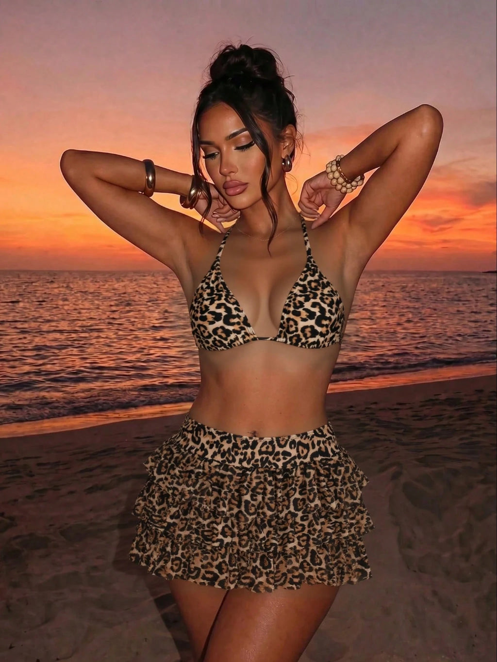 Women's Summer Beach Leopard Print Halter Tie Sexy Bikini Set With
