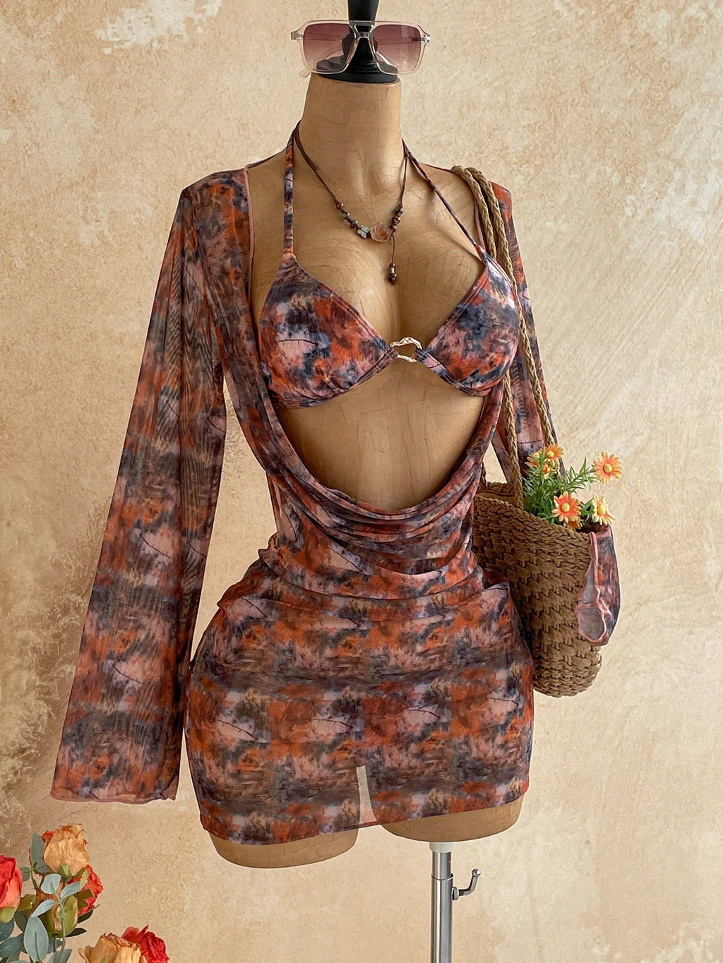 Soleia Women's 3-Piece Sexy Bikini Swimsuit With Printed Mesh