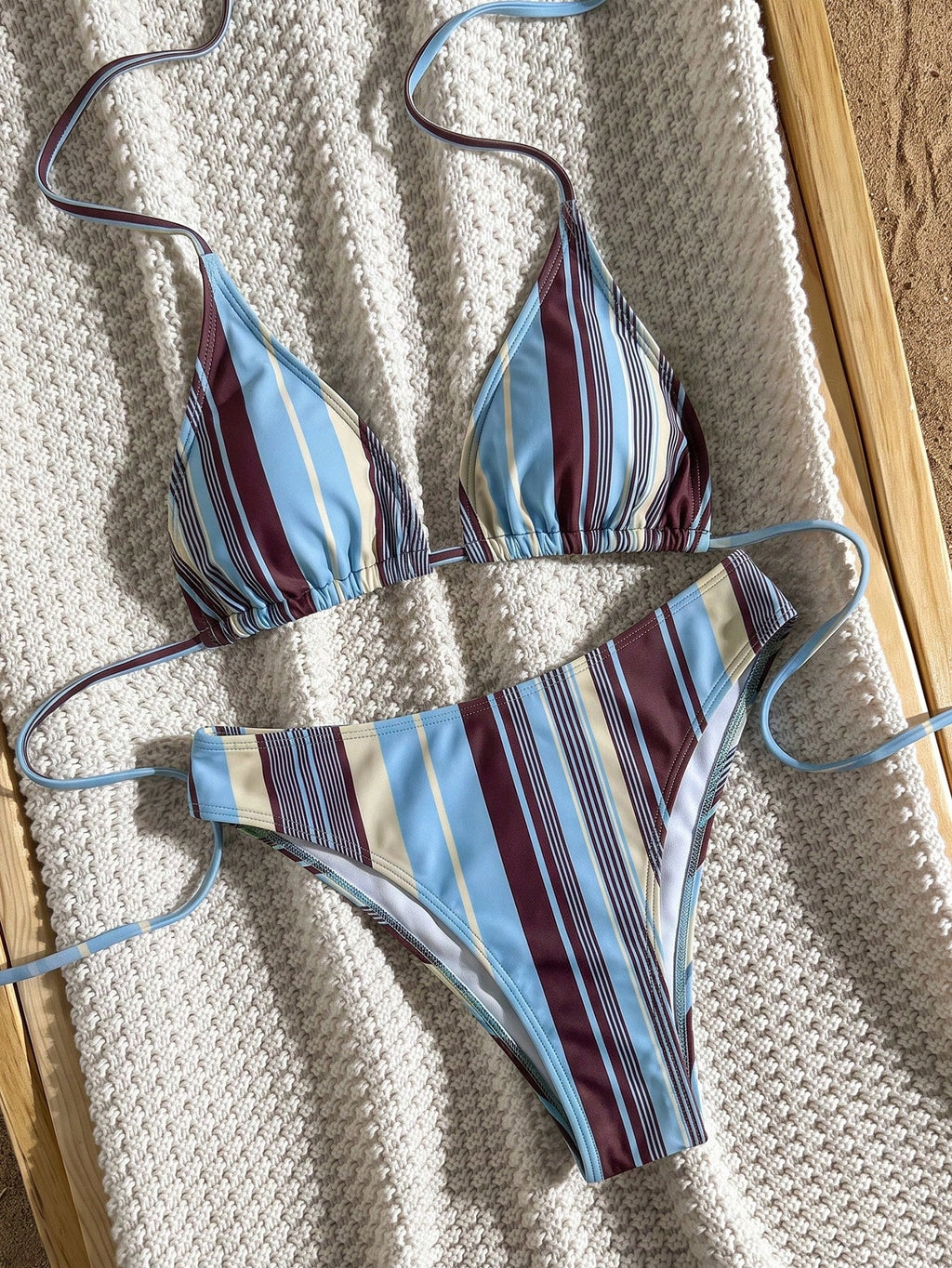2pcs Striped Elegant Backless Halter Triangle Bikini Top And Bottoms, Swimwear For Women, Suitable For Beach, - image 14