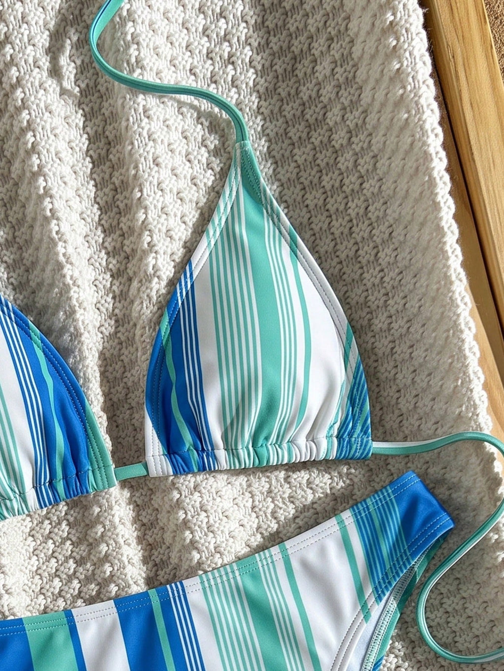 2pcs Striped Elegant Backless Halter Triangle Bikini Top And Bottoms, Swimwear For Women, Suitable For Beach, - image 6