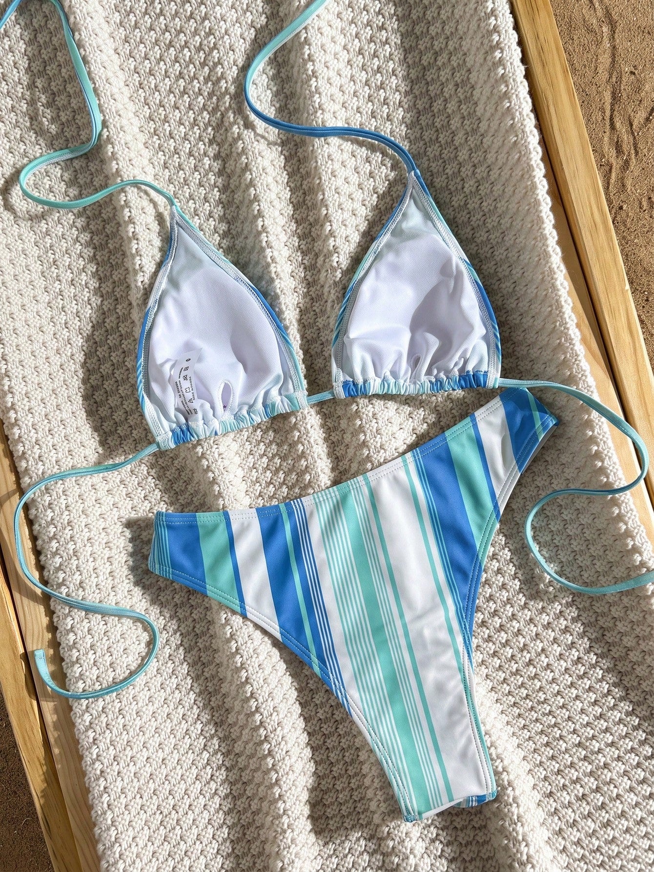 2pcs Striped Elegant Backless Halter Triangle Bikini Top And Bottoms, Swimwear For Women, Suitable For Beach, - image 5