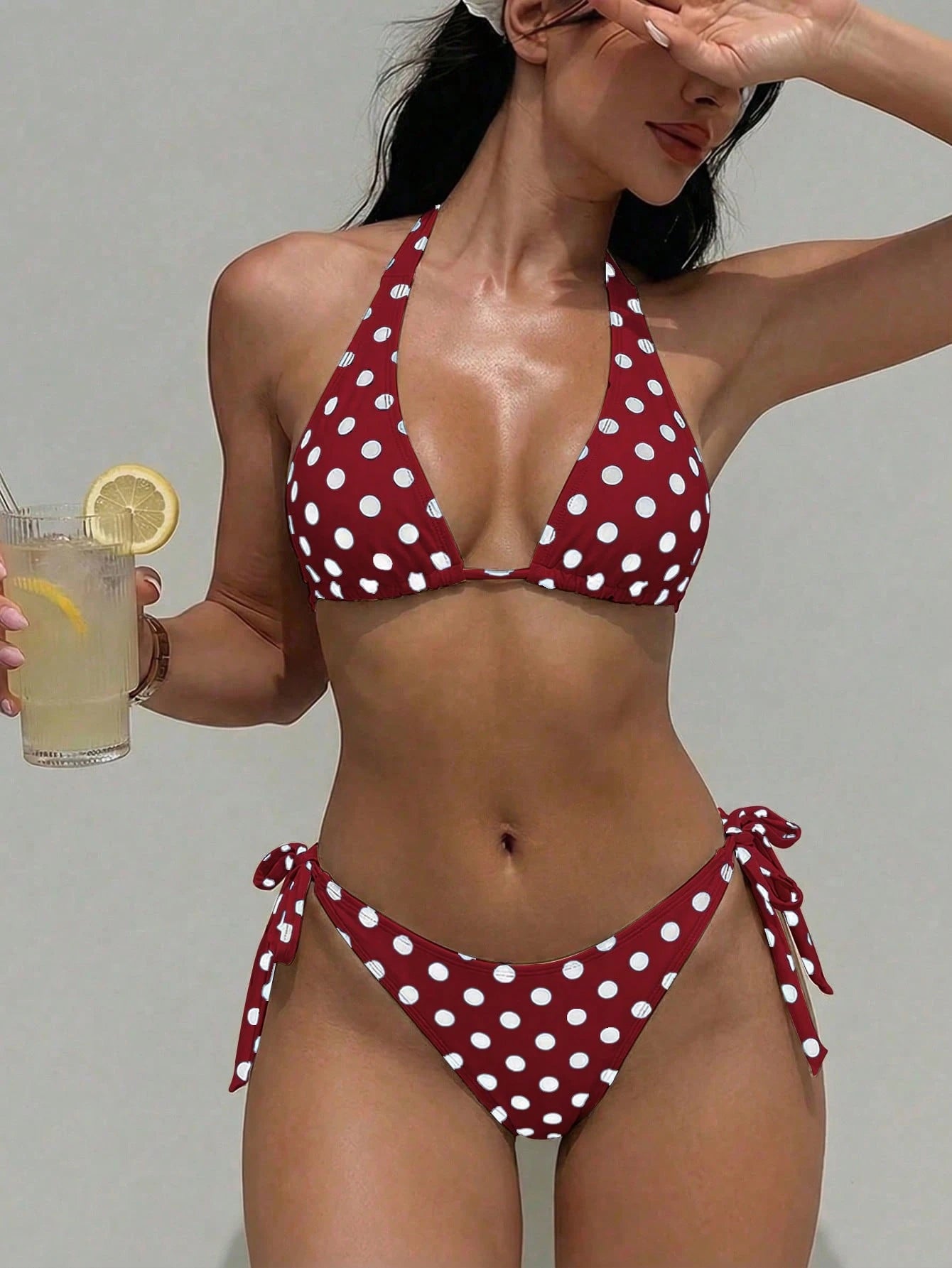 2pcs Polka Dot Elegant Halter Neck Back Tie Open Back Swimwear Top