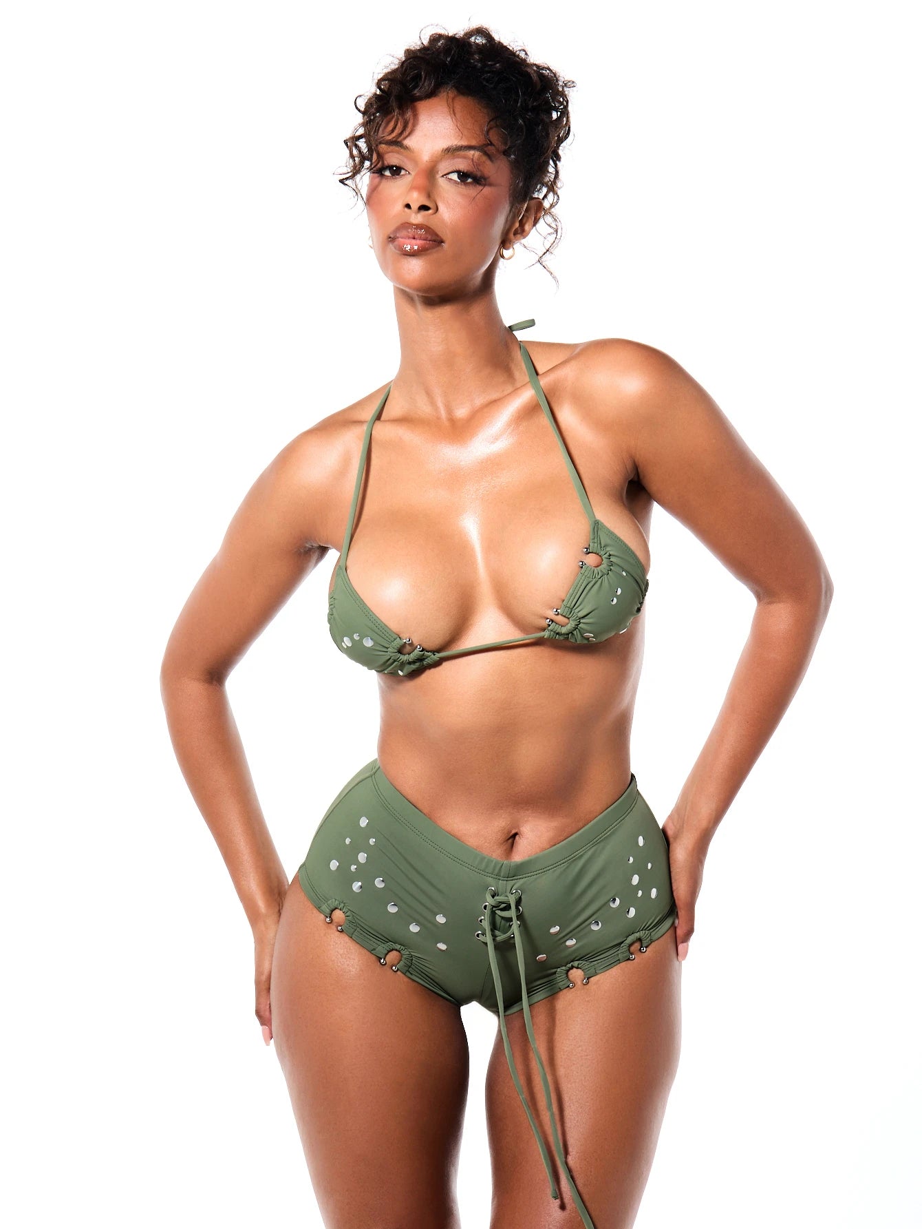 SUMWON WOMEN Triangle Halter Bikini Set With Metal Eyelet Hardware