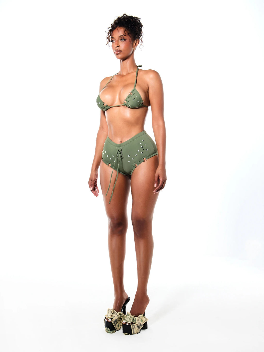 SUMWON WOMEN Triangle Halter Bikini Set With Metal Eyelet Hardware
