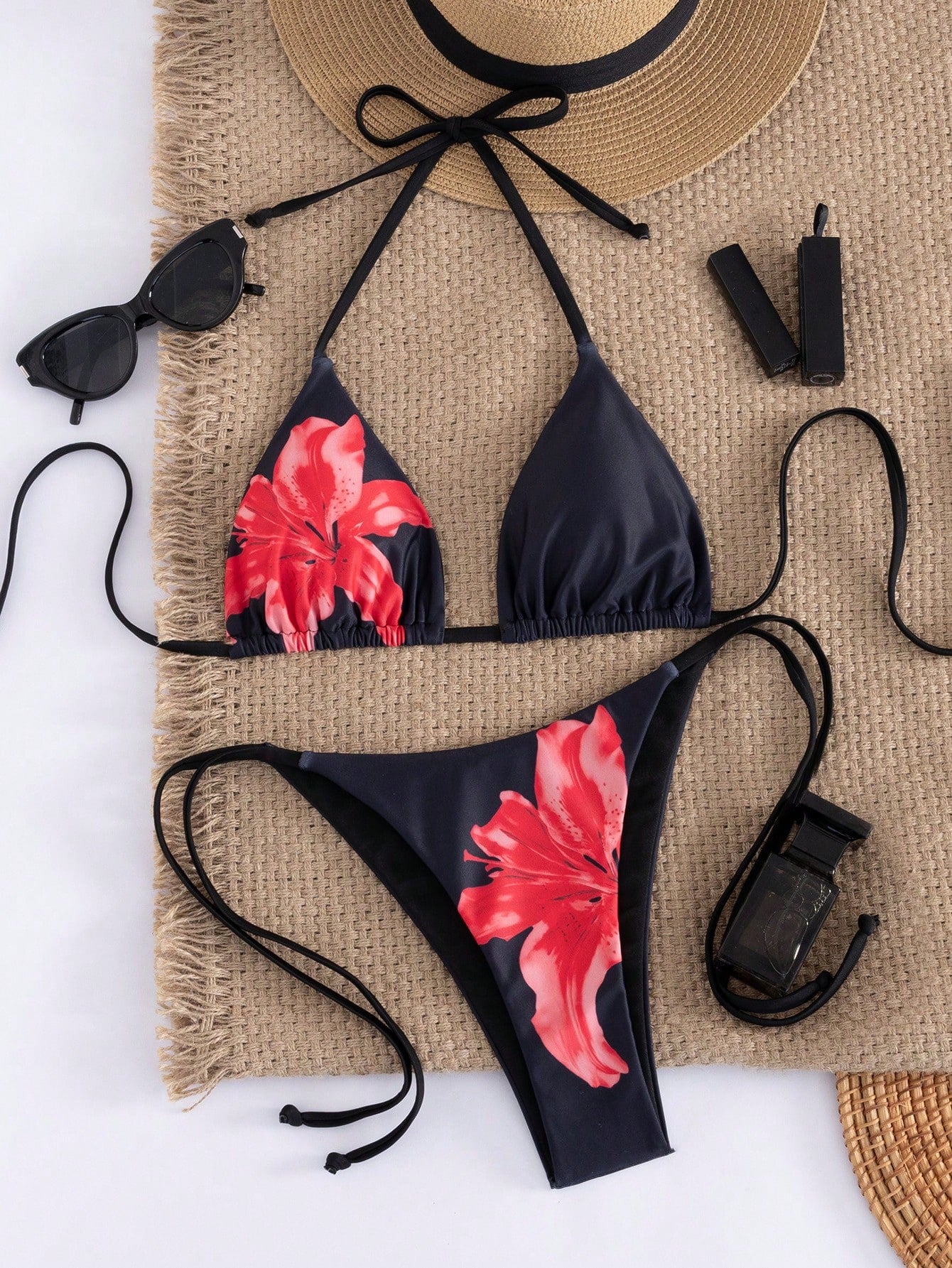Women's Sexy Floral Halter Backless High Elasticity Bikini Set,