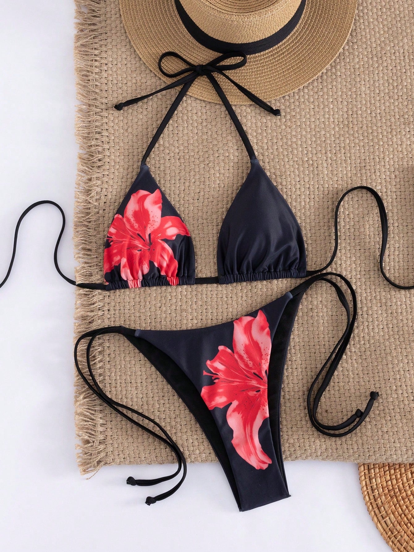 Women's Sexy Floral Halter Backless High Elasticity Bikini Set,