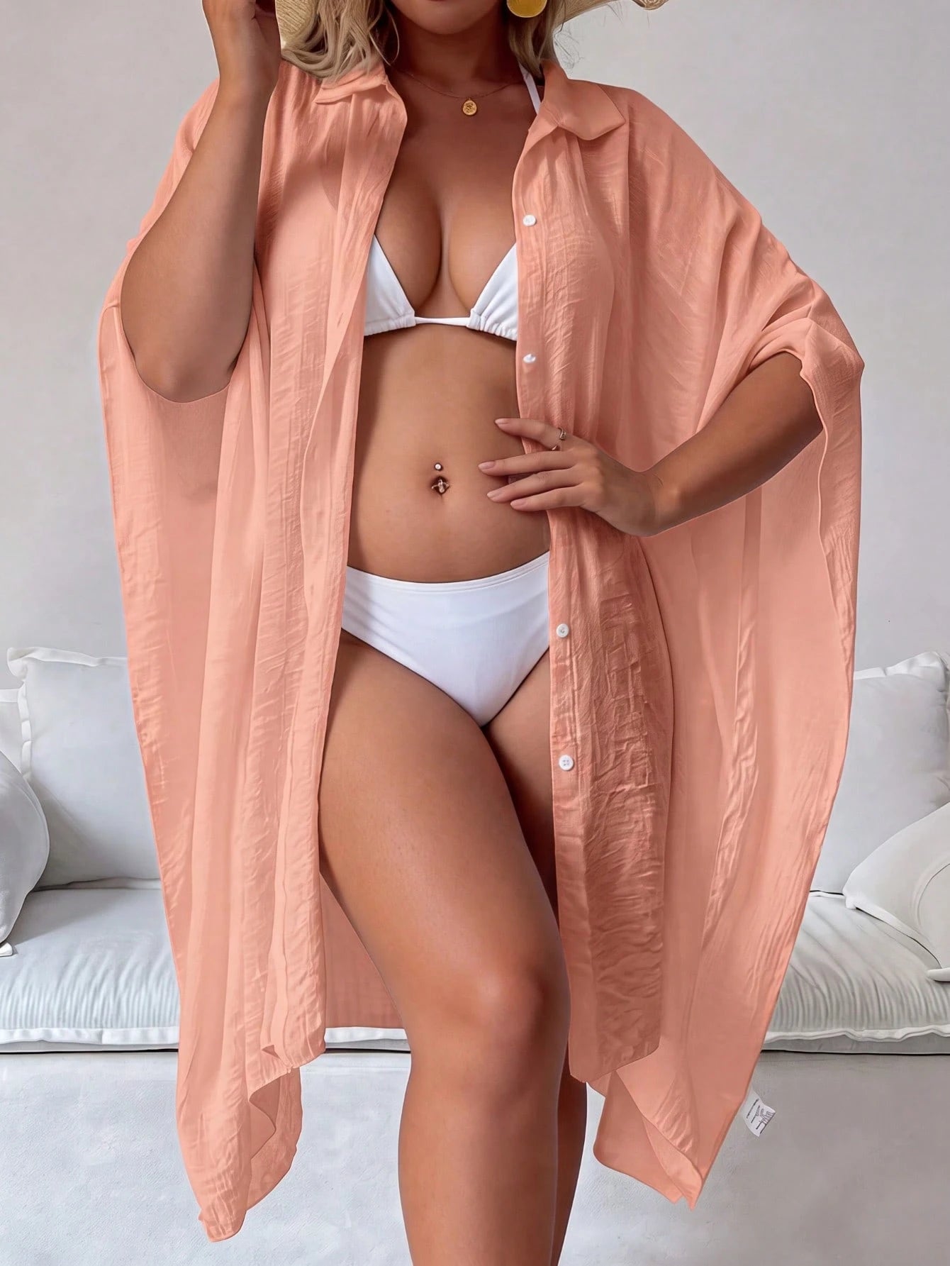 Plus Size Women's Summer White Batwing 3/4 Sleeve Cover Up, White ,