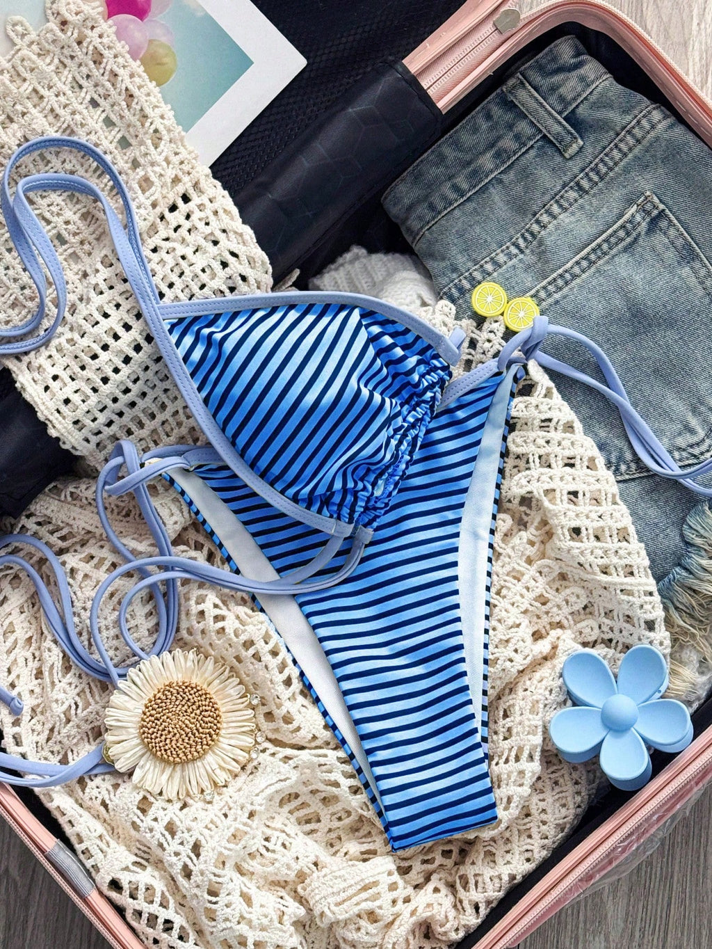 Sexy Summer Yellow Striped Print Patchwork Swimwear, Suitable For