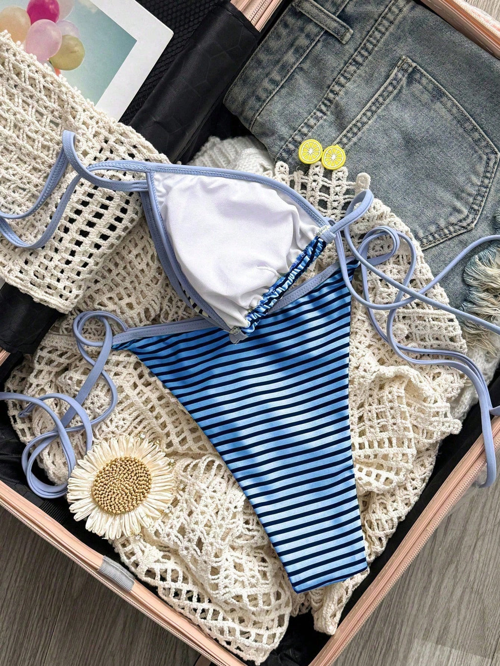 Sexy Summer Yellow Striped Print Patchwork Swimwear, Suitable For