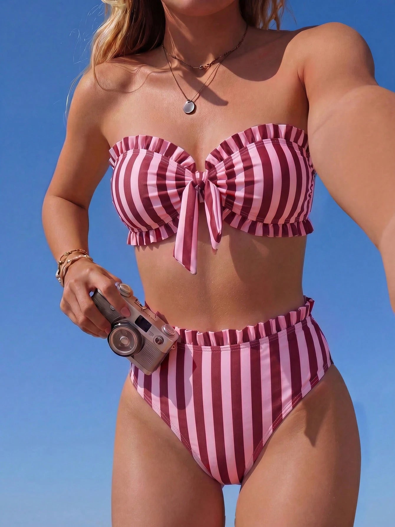 Swim Mod Spring/Summer Beach Vacation Striped Print 2 Pieces Set,