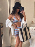 HOTTIE HABIT Women's Multi-Color Striped Halter Triangle Bikini With
