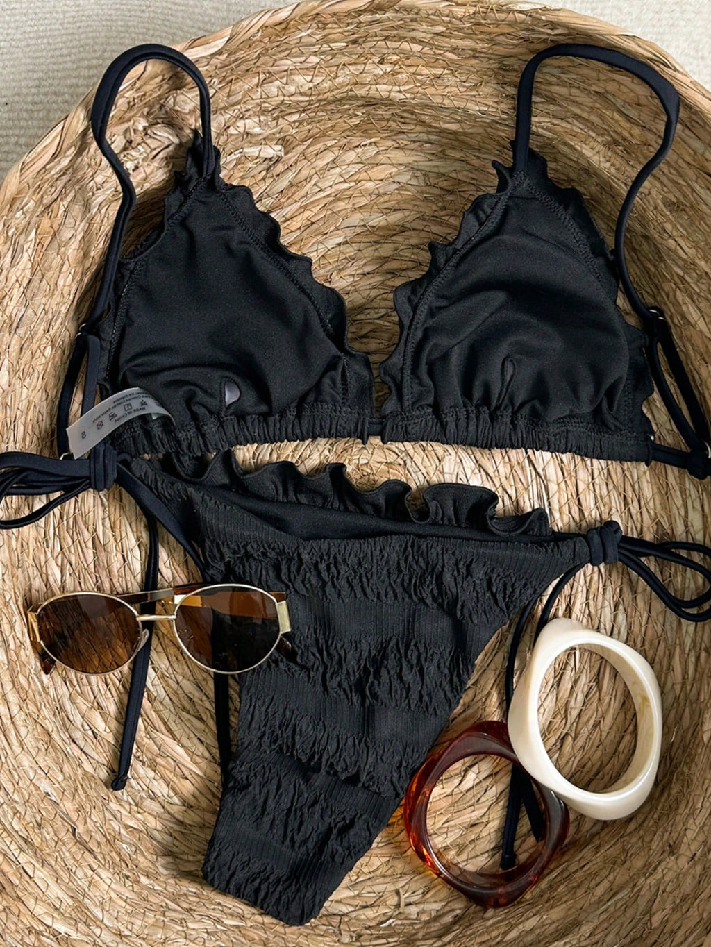 Swim Vcay Women's Elegant Black Textured Ruched Fabric Design Tie-Up Bikini 2-Piece Set,Summer Beach Party - image 7