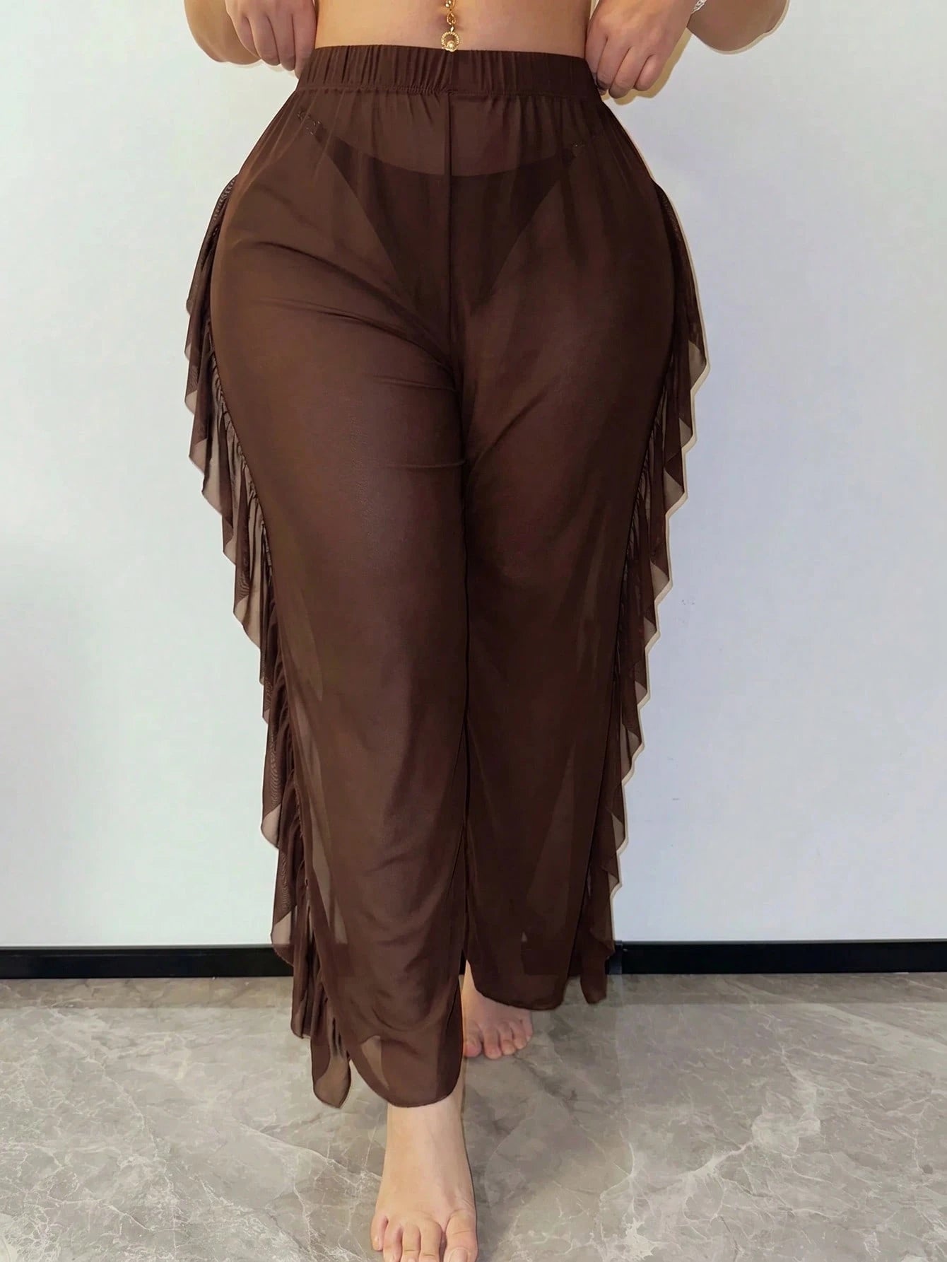 Slaydiva Ruffled Hem Solid Color Plus Size Women Cover Up & Pants Set
