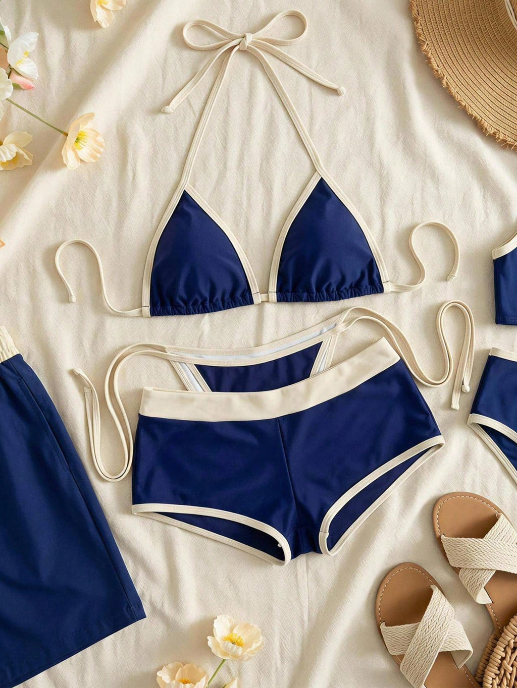 Women's Navy Blue 3-Piece Bikini Set,V-Neck Halter Backless Triangle TopTie Side Bottom Shorts,Polkadot