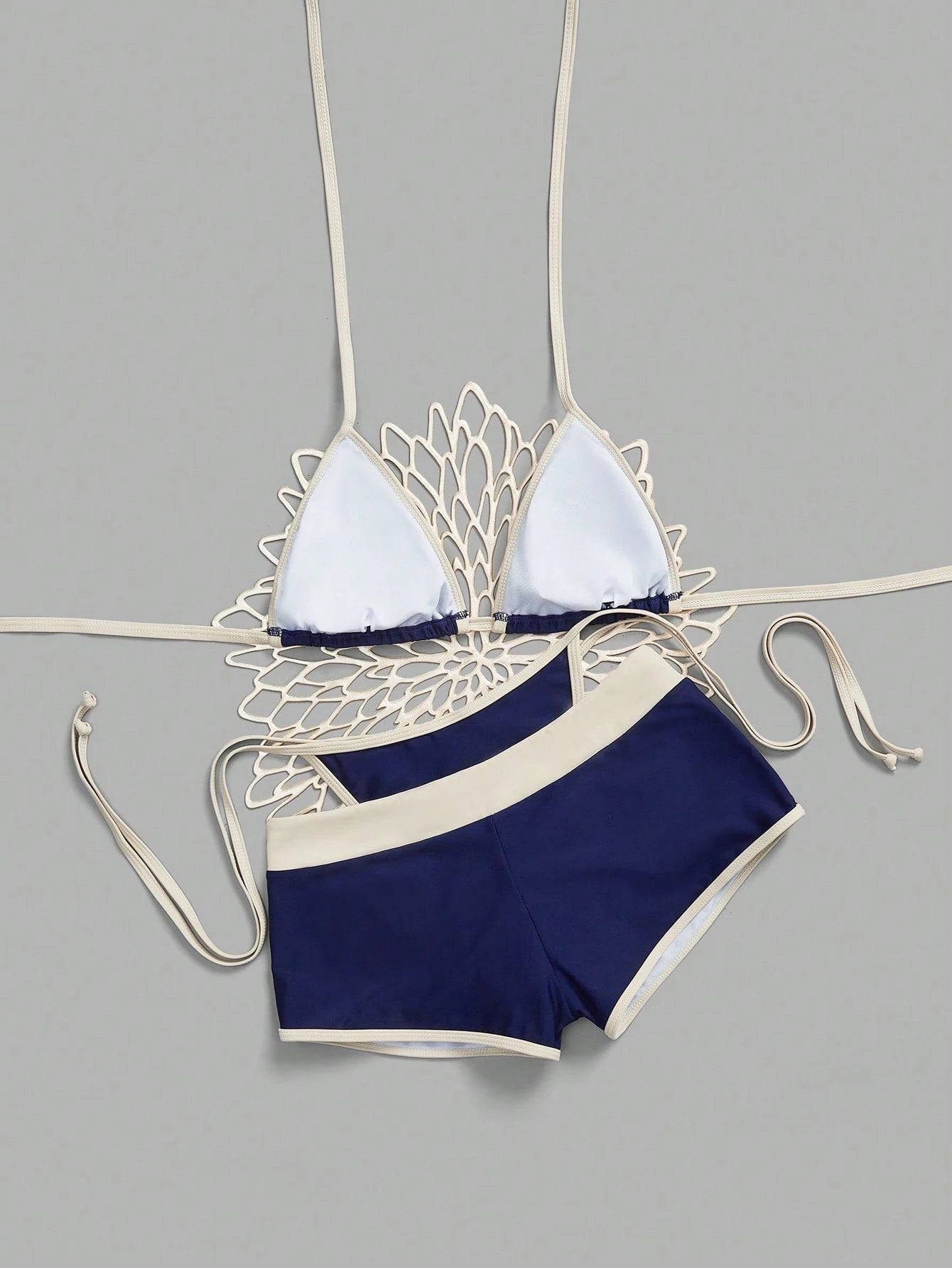 Women's Navy Blue 3-Piece Bikini Set,V-Neck Halter Backless Triangle TopTie Side Bottom Shorts,Polkadot - image 3