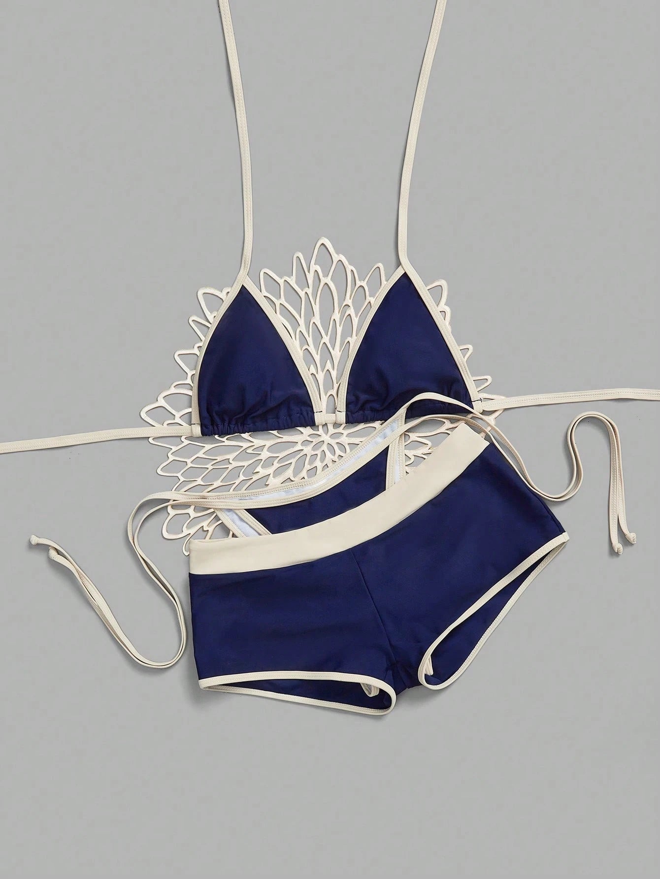 Women's Navy Blue 3-Piece Bikini Set,V-Neck Halter Backless Triangle TopTie Side Bottom Shorts,Polkadot - image 5