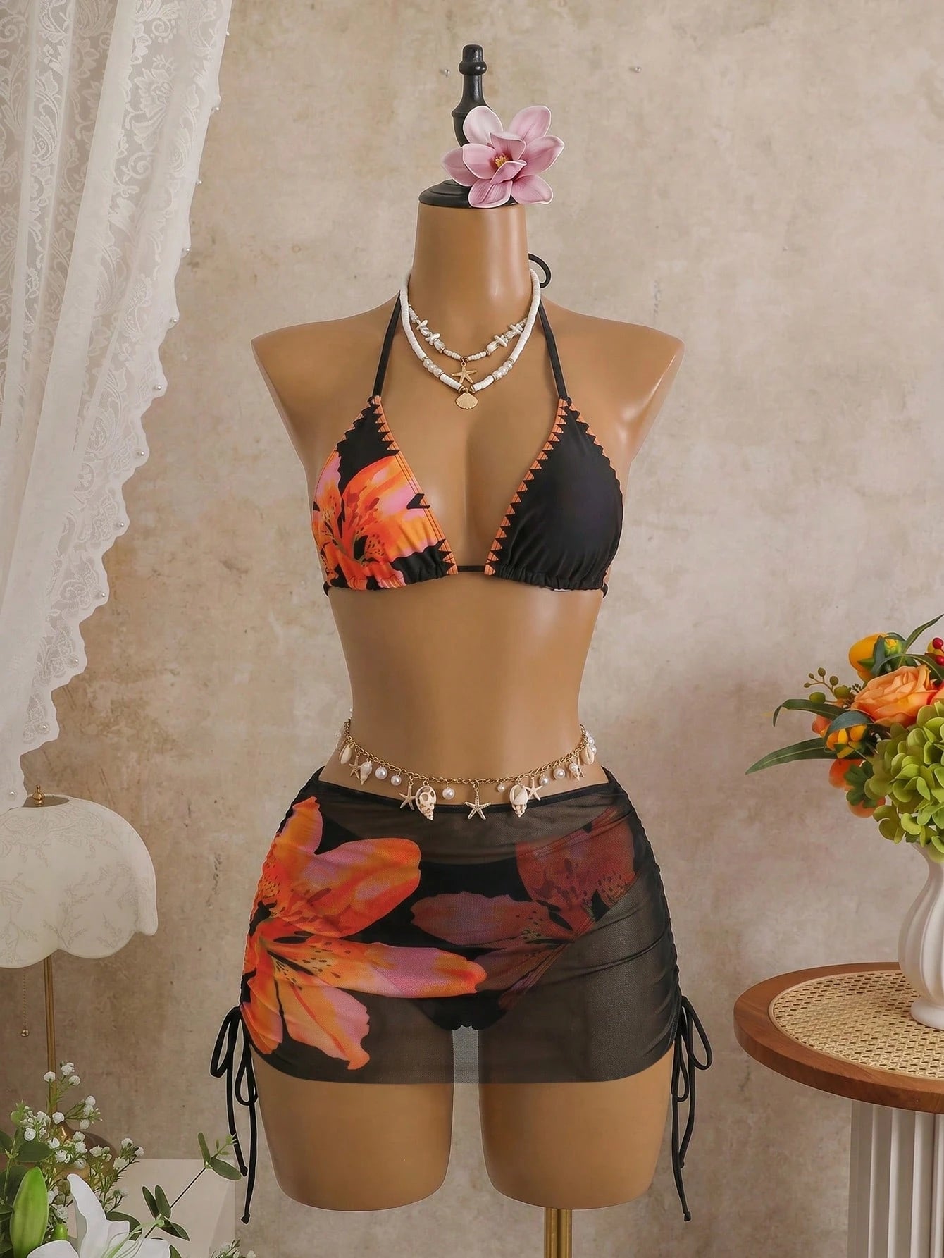 Costavie Women's 3 PiecesBikini Set With Mesh Skirt, Casual Beach Resort Swimwea