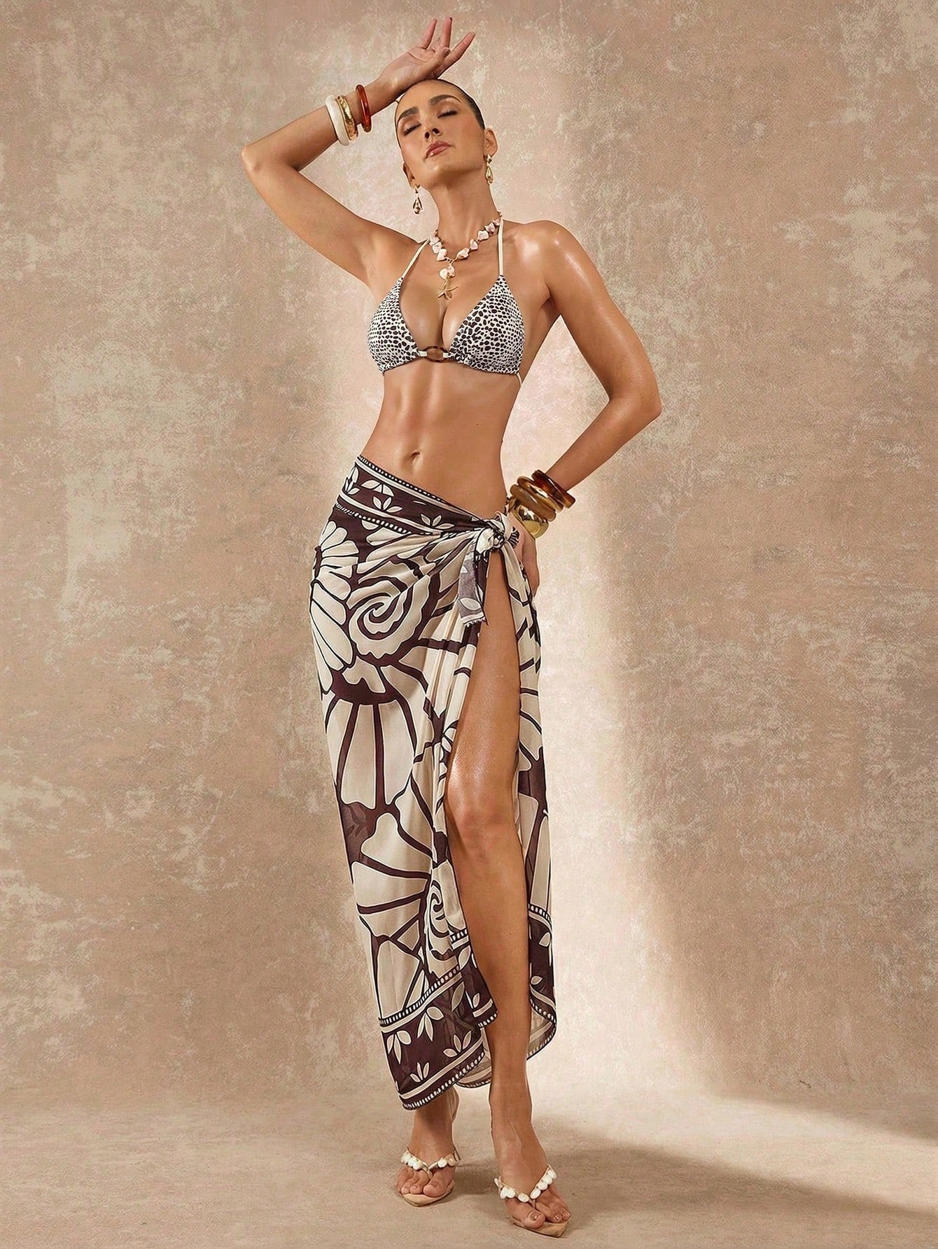 Lumalex Cream Black Baroque Print Triangle Halter String Bikini Set