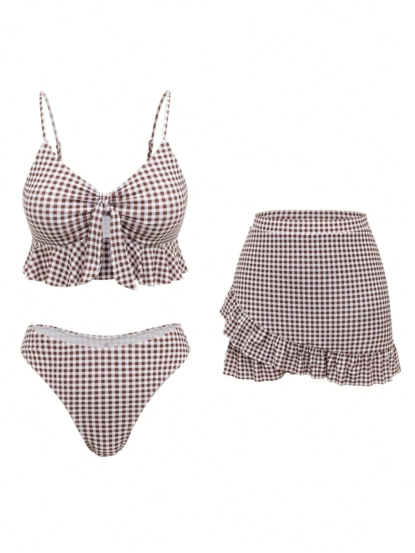 Swim Summer Beach Women's Full-Print Random Pattern Ruffle Hem 3pcs