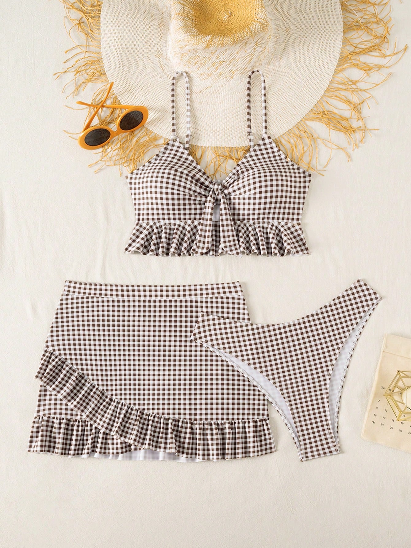 Swim Summer Beach Women's Full-Print Random Pattern Ruffle Hem 3pcs