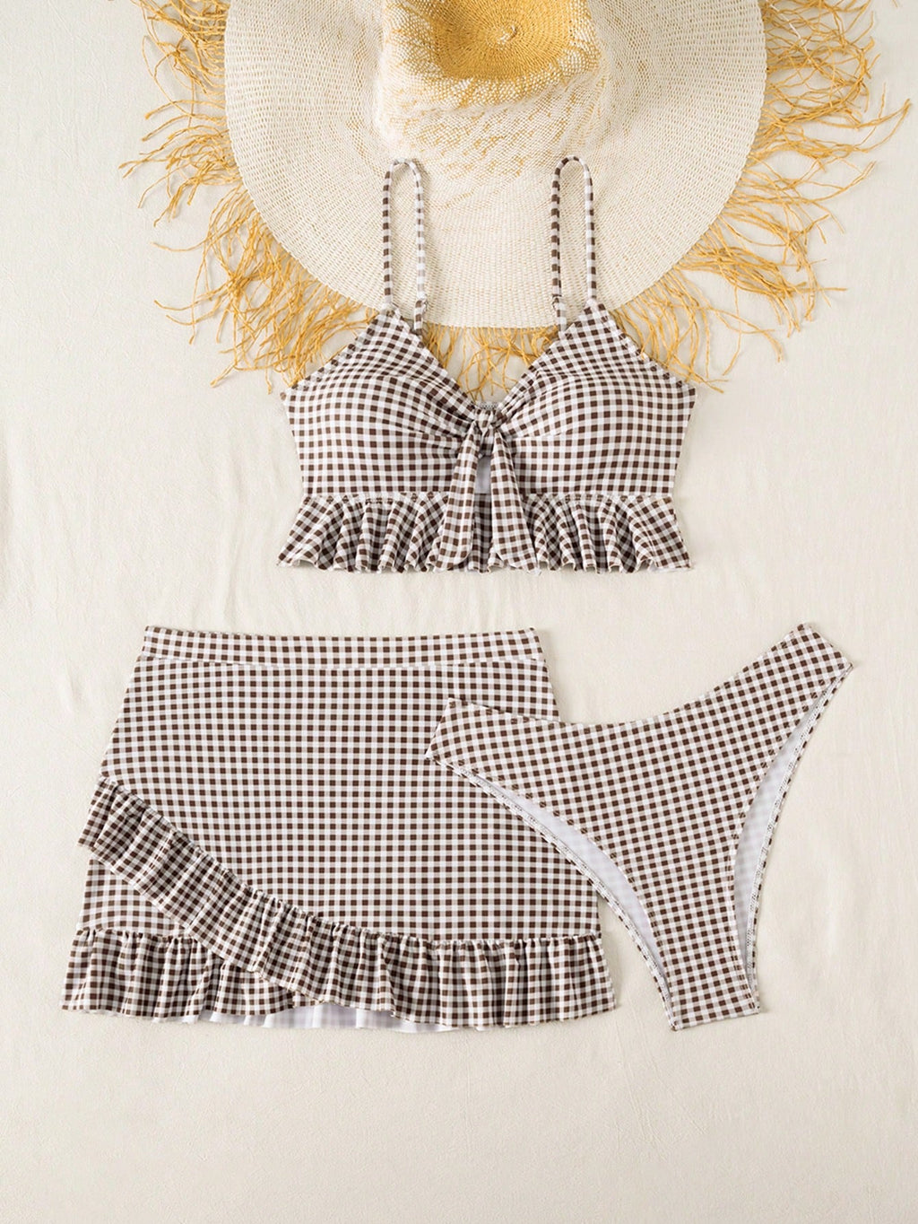 Swim Summer Beach Women's Full-Print Random Pattern Ruffle Hem 3pcs