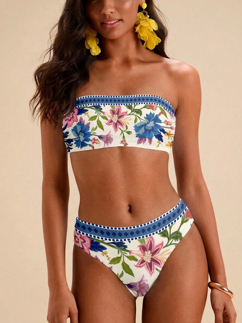 Travachic Women Floral Print Bandeau Bikini Set,Summer Outfits For