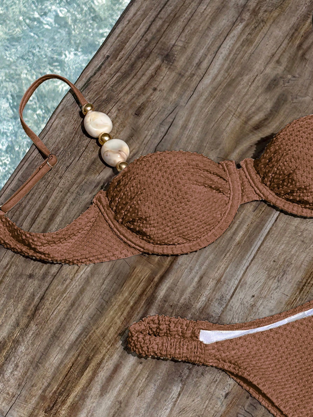 Bikinx Women's Elegant Beaded Stone Decor Textured Bikini Set,