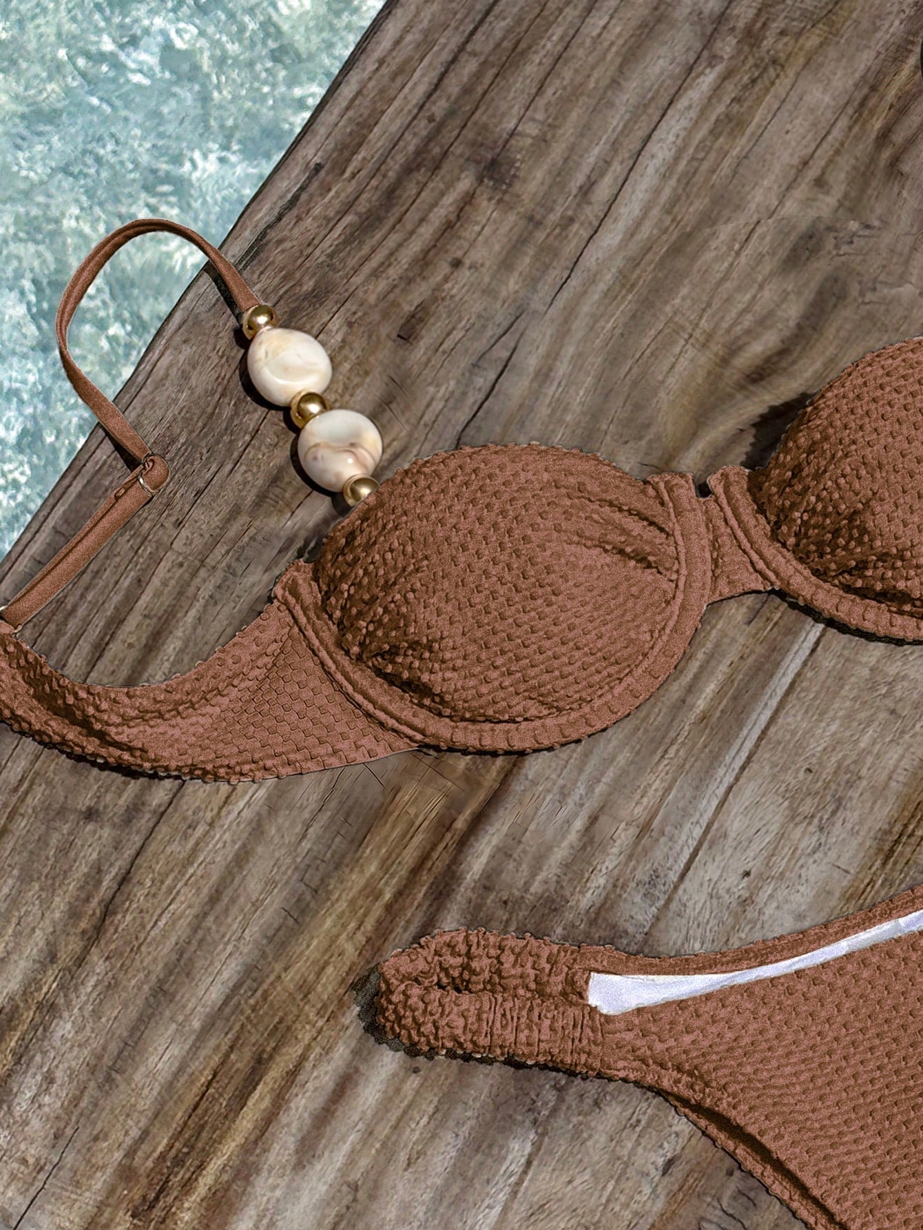 Bikinx Women's Elegant Beaded Stone Decor Textured Bikini Set,