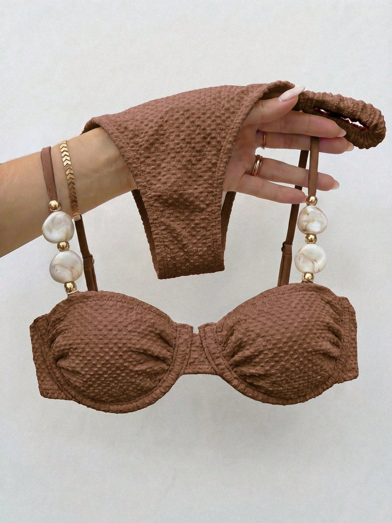 Bikinx Women's Elegant Beaded Stone Decor Textured Bikini Set,