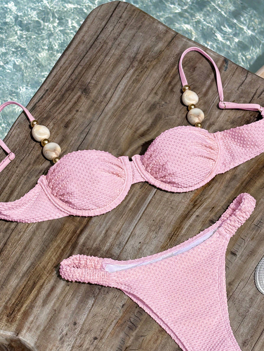 Bikinx Women's Elegant Beaded Stone Decor Textured Bikini Set,
