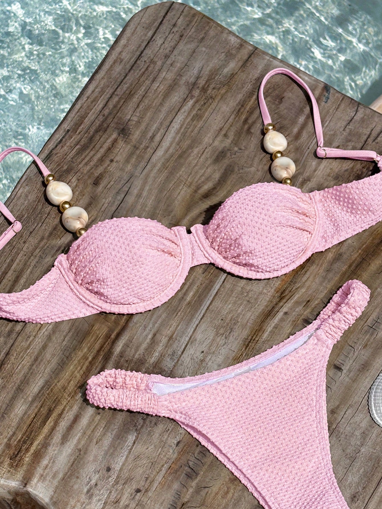 Bikinx Women's Elegant Beaded Stone Decor Textured Bikini Set,