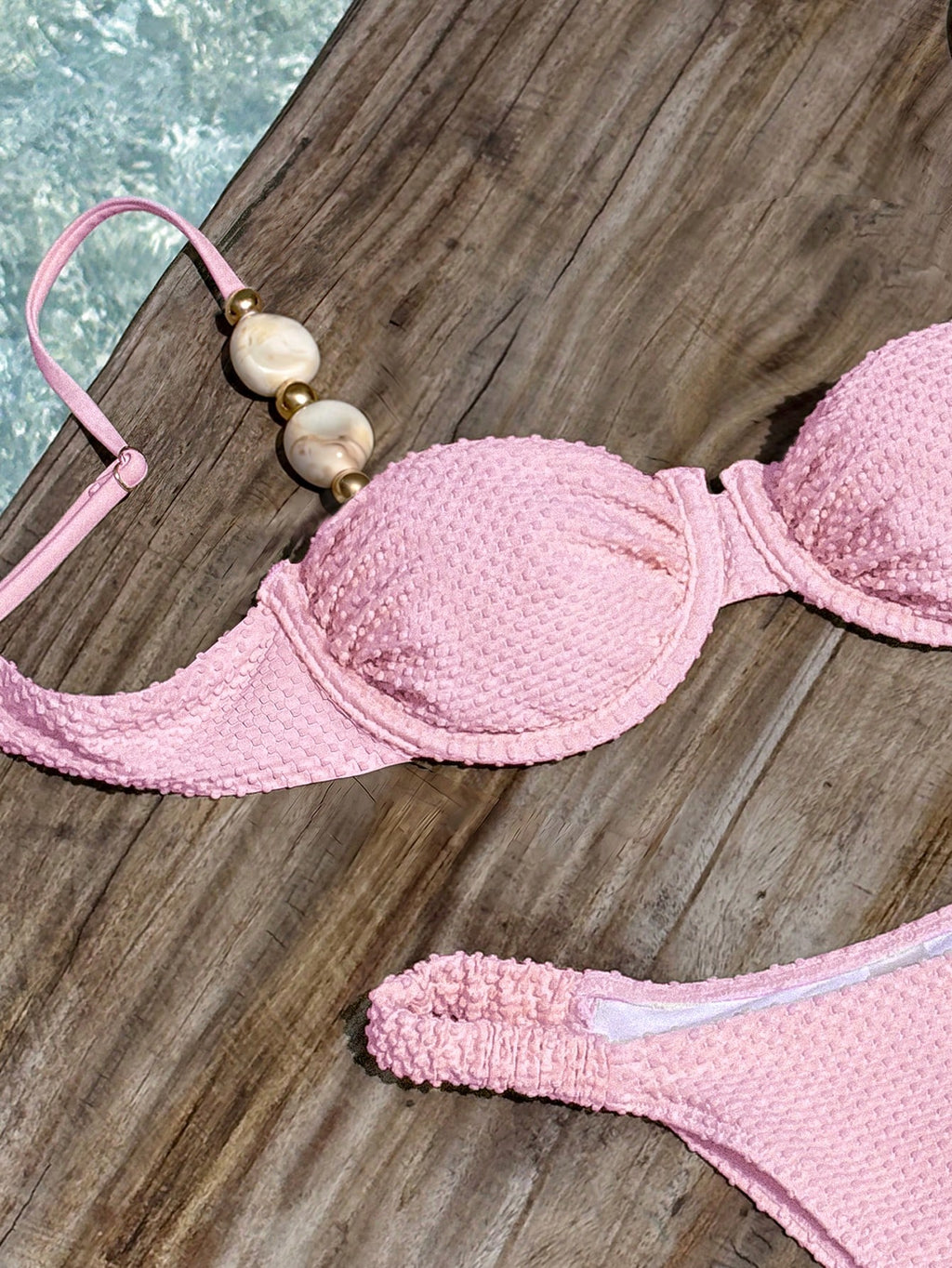 Bikinx Women's Elegant Beaded Stone Decor Textured Bikini Set,