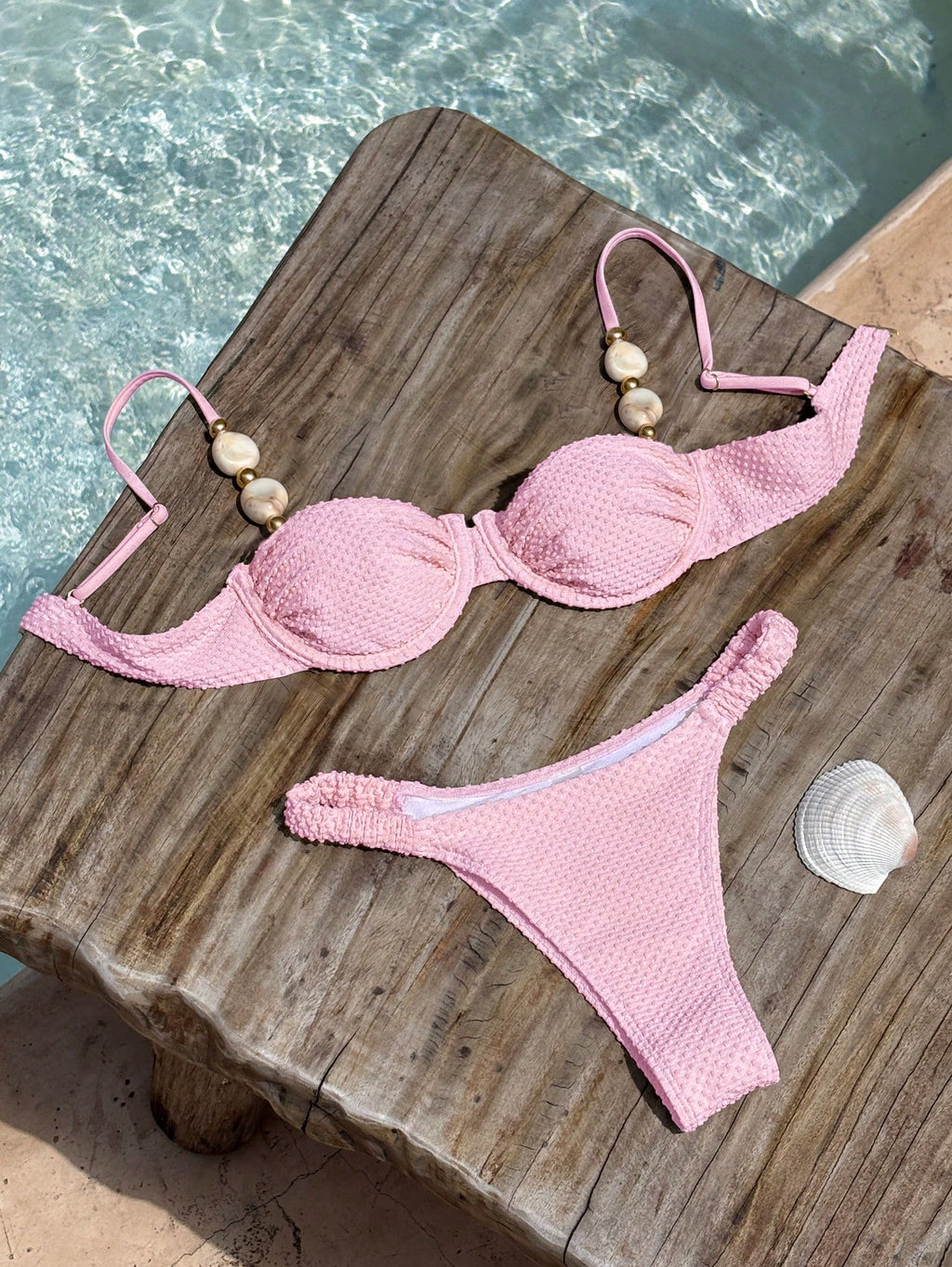 Bikinx Women's Elegant Beaded Stone Decor Textured Bikini Set,