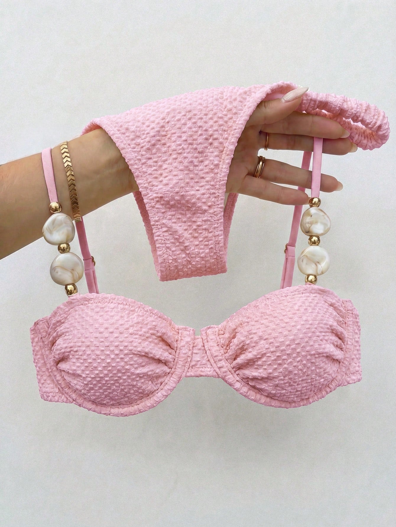 Bikinx Women's Elegant Beaded Stone Decor Textured Bikini Set,