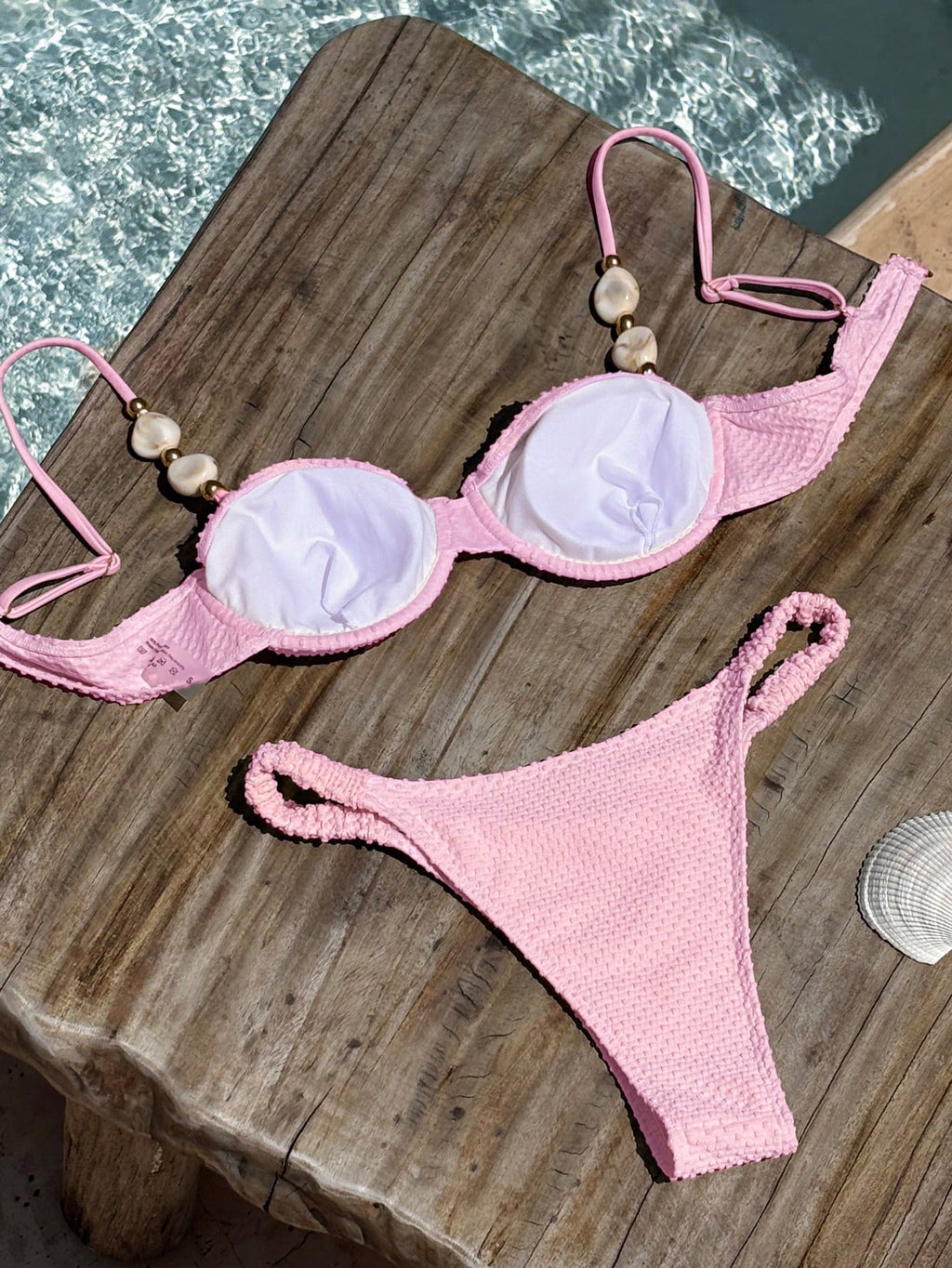 Bikinx Women's Elegant Beaded Stone Decor Textured Bikini Set,
