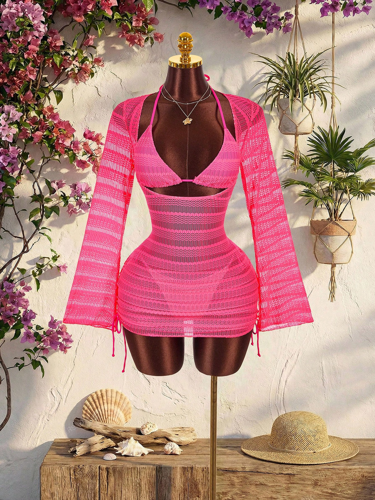 Amplova 3pcs Women's Sexy & Avant-Garde Swimwear Set, Long Sleeve, Neon Green Tie Detail, Suitable For - image 8