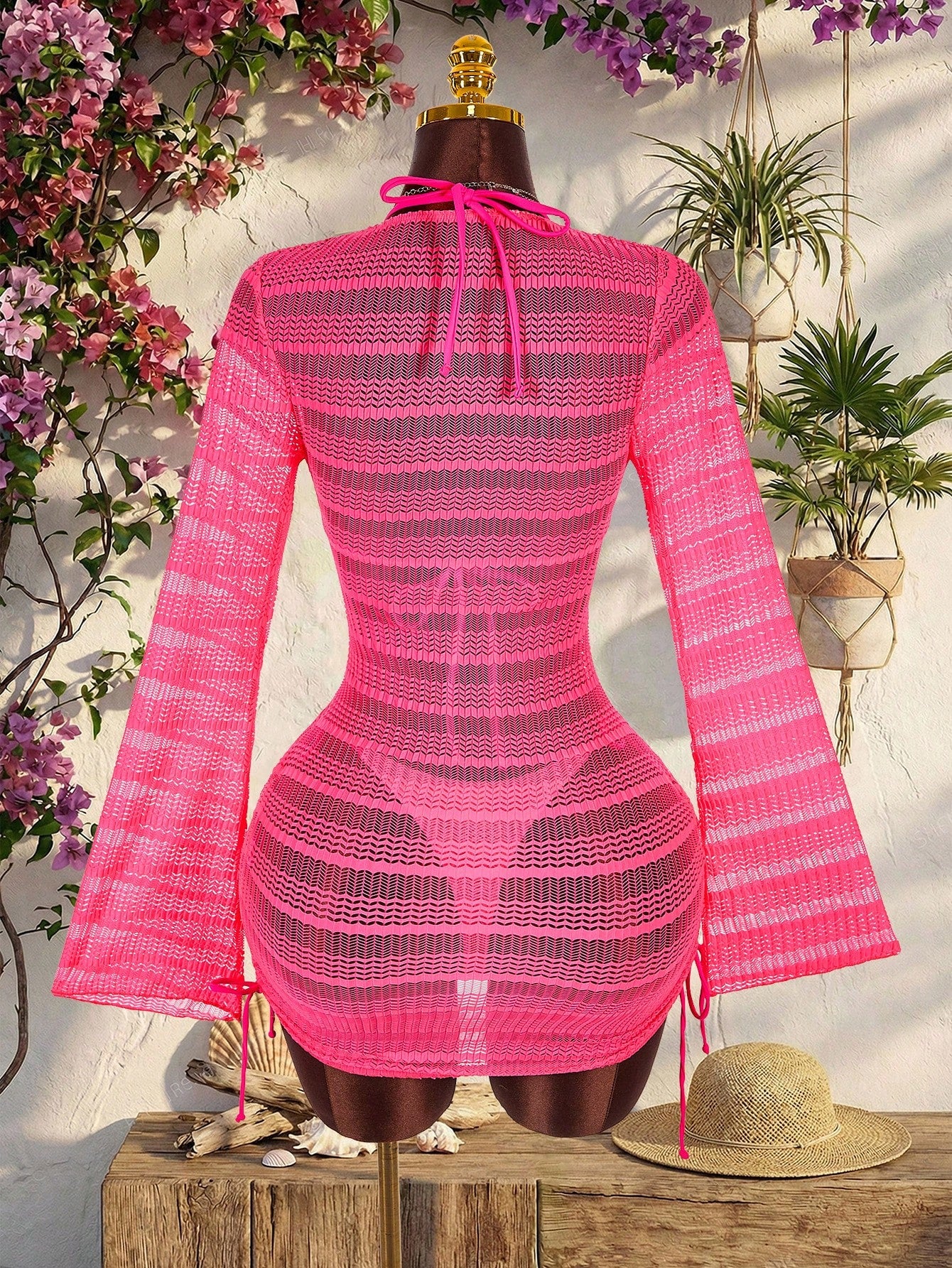 Amplova 3pcs Women's Sexy & Avant-Garde Swimwear Set, Long Sleeve, Neon Green Tie Detail, Suitable For - image 9