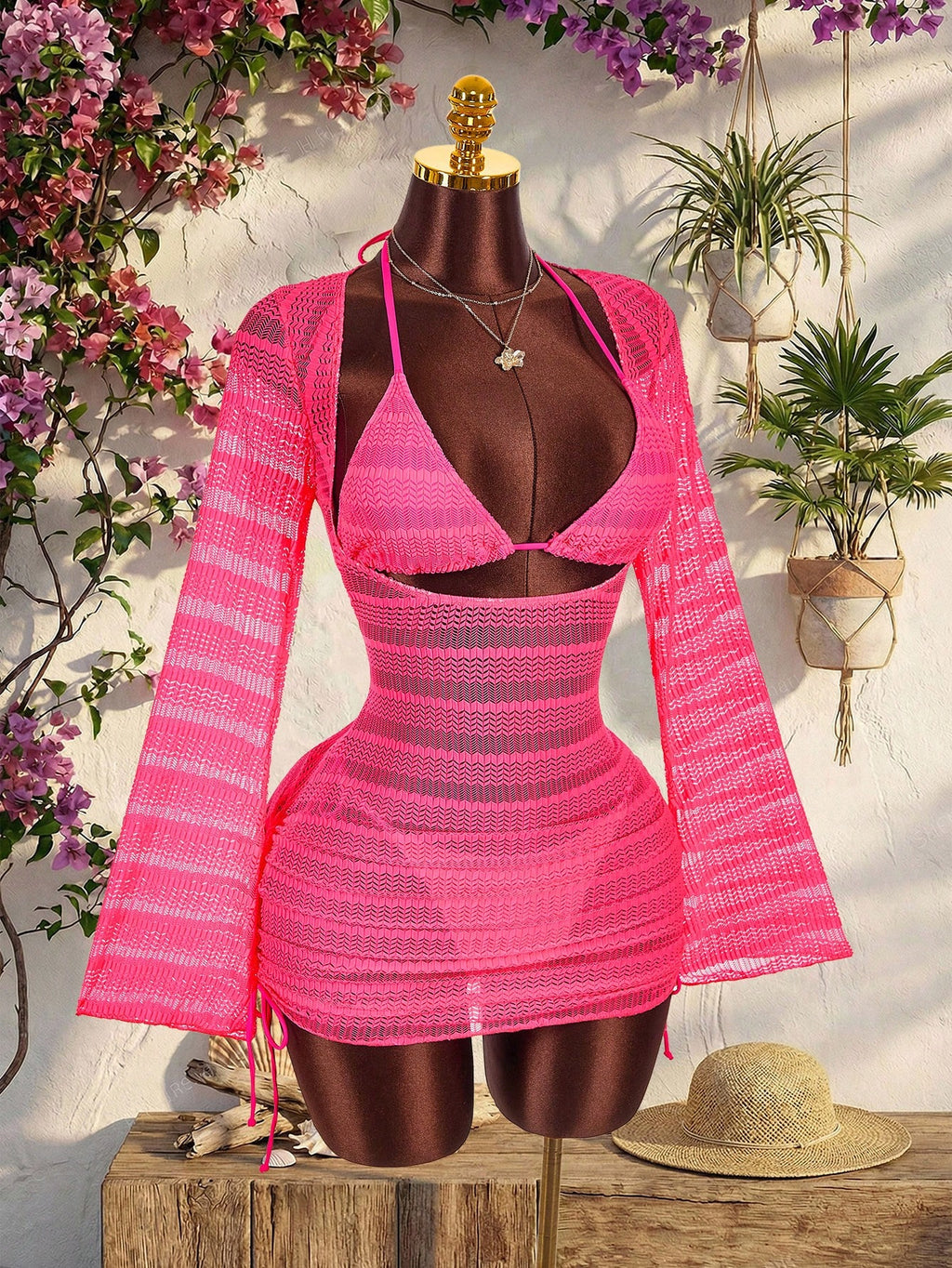Amplova 3pcs Women's Sexy & Avant-Garde Swimwear Set, Long Sleeve, Neon Green Tie Detail, Suitable For - image 15