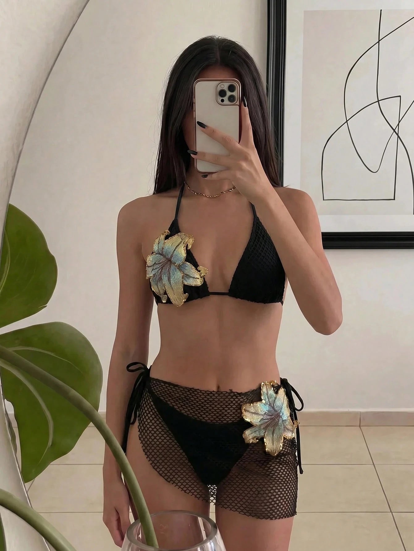 Swim Mod Women's Summer Beach 3D Floral Decor Halter Tie Sexy Fashion