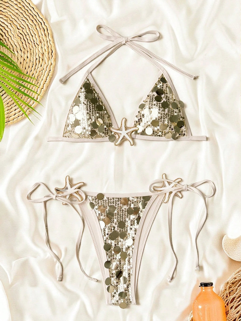 Swim SXY Women's Sexy Swimwear Sequin Halter Bikini Set, Backless Tie