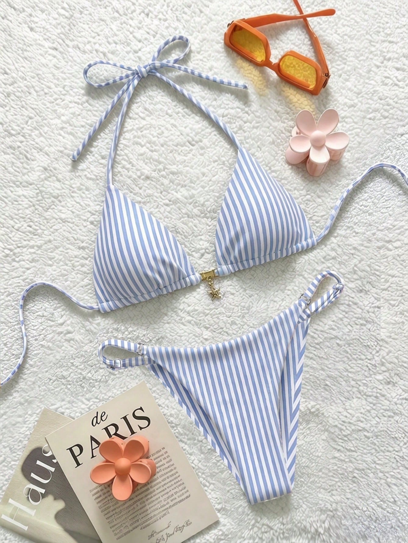 Soleia Women's Retro Striped Print Swimwear Set, Suitable For Beach,