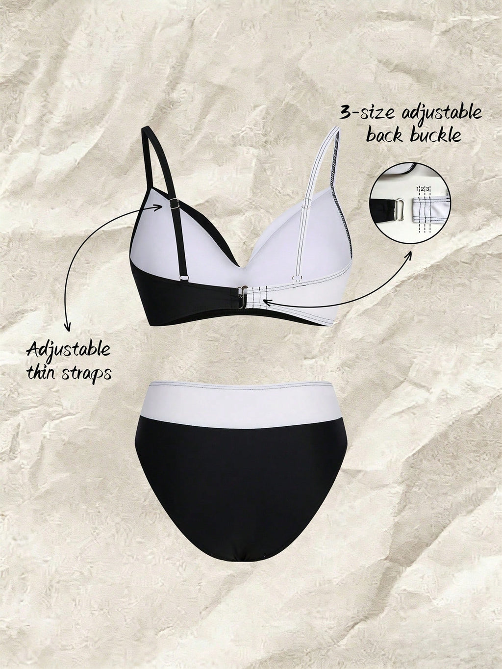 Women's Sexy Casual Black & White Color Block Spaghetti Strap Bikini
