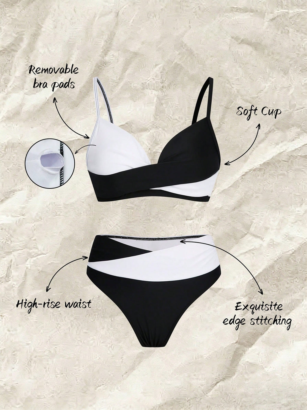 Women's Sexy Casual Black & White Color Block Spaghetti Strap Bikini
