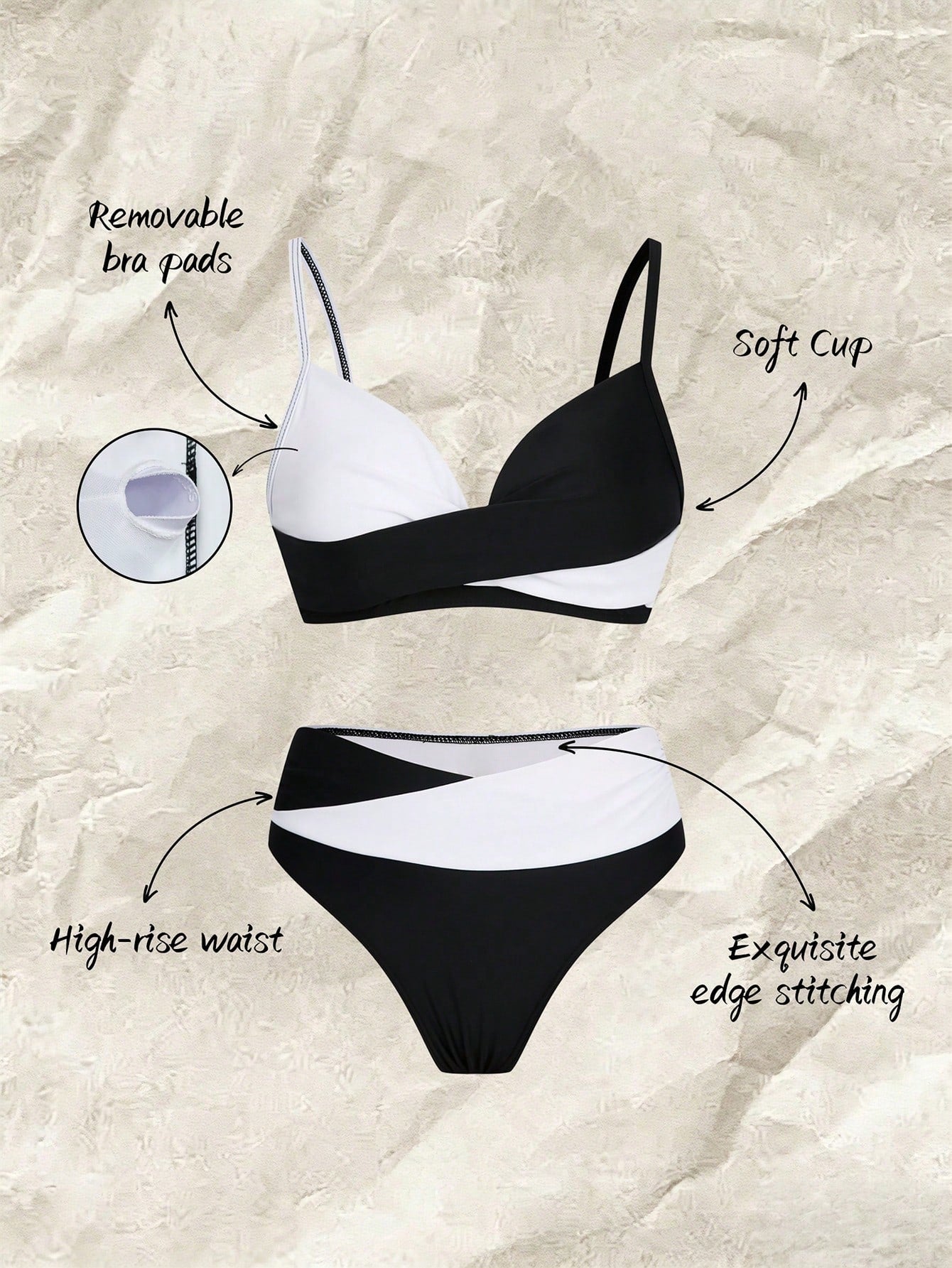 Women's Sexy Casual Black & White Color Block Spaghetti Strap Bikini