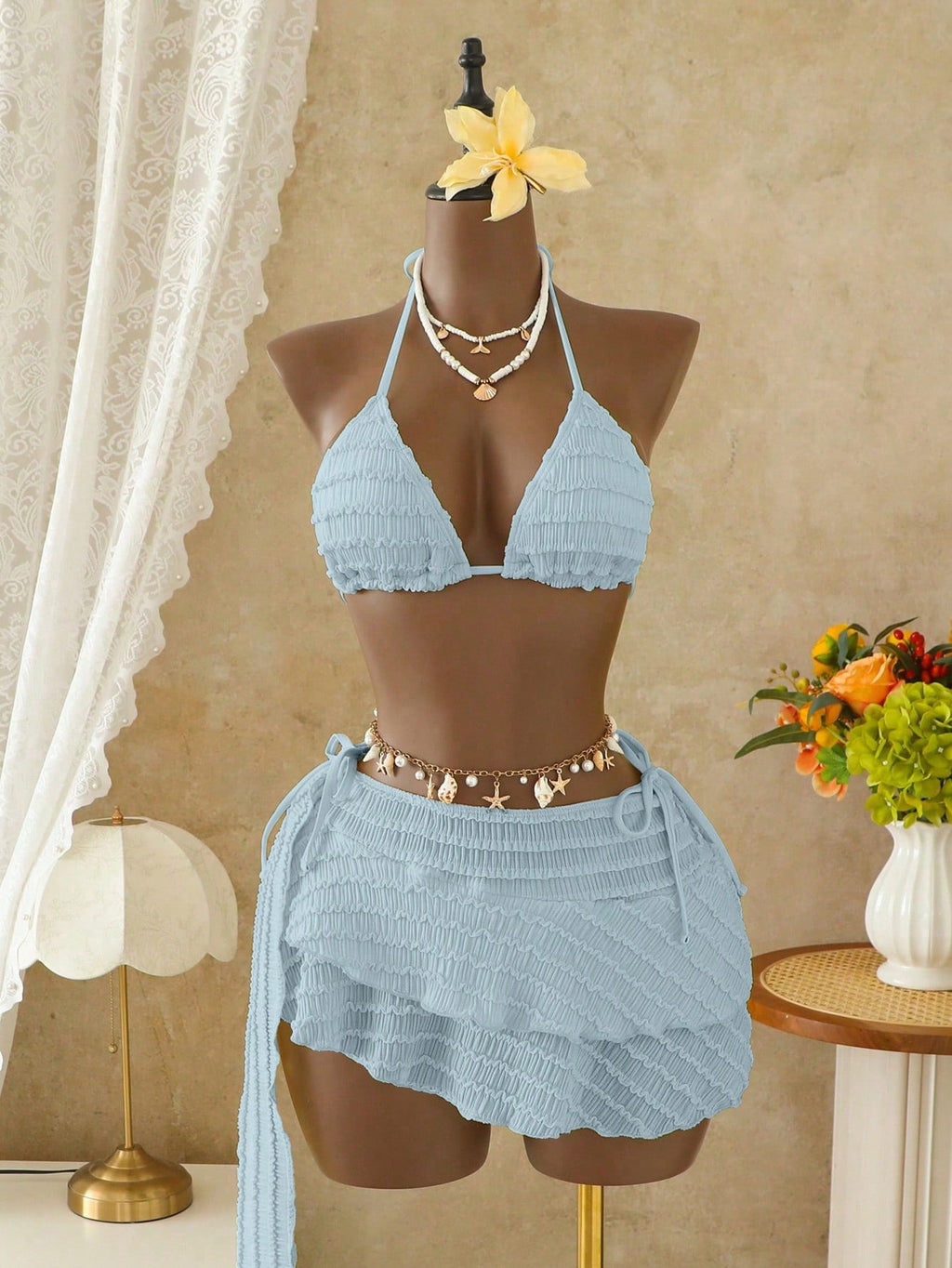 Bellisia Women's Pale Yellow 3 Pieces Bikini Set With Skirt,Summer