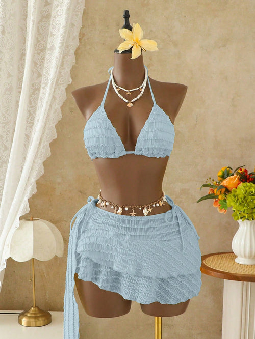 Bellisia Women's Pale Yellow 3 Pieces Bikini Set With Skirt,Summer Tropical Beach Holiday Vacation,Elegant