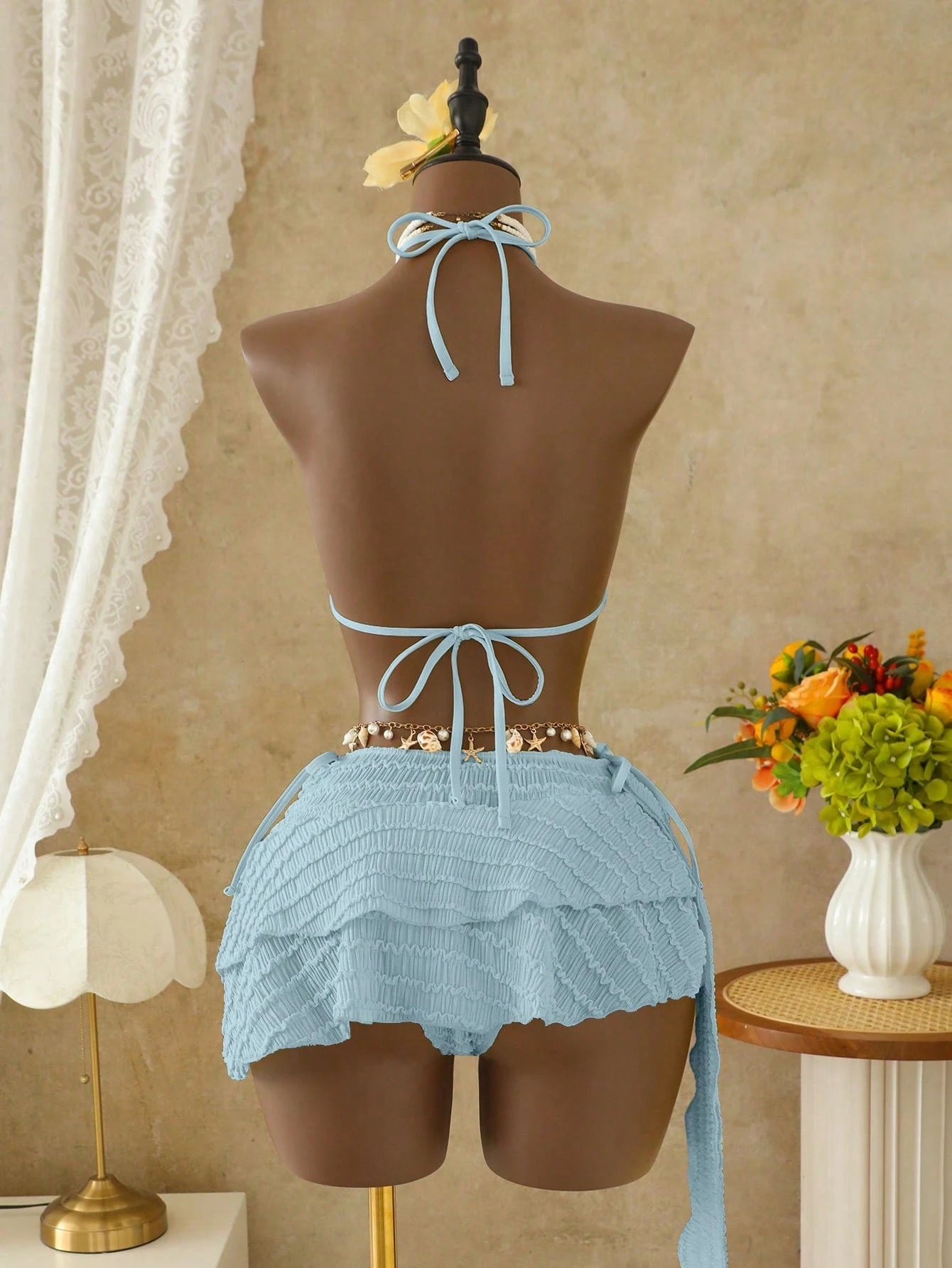 Bellisia Women's Pale Yellow 3 Pieces Bikini Set With Skirt,Summer